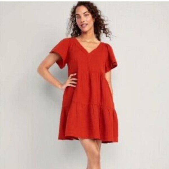 Old Navy V-Neck Tiered Mini Swing Dress Color: Scarlet Size XL - Picture 1 of 9